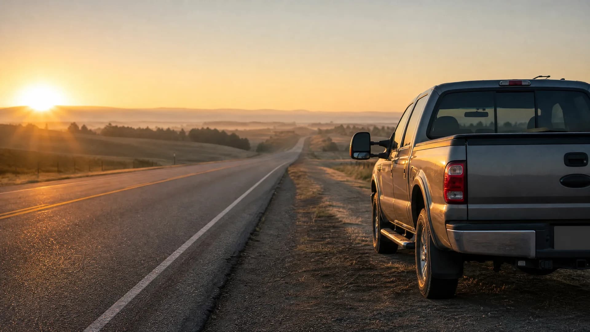 A silver pickup truck parked on the gravel shoulder of a two-lane road at sunrise, with low hills and open grassland in the distance.