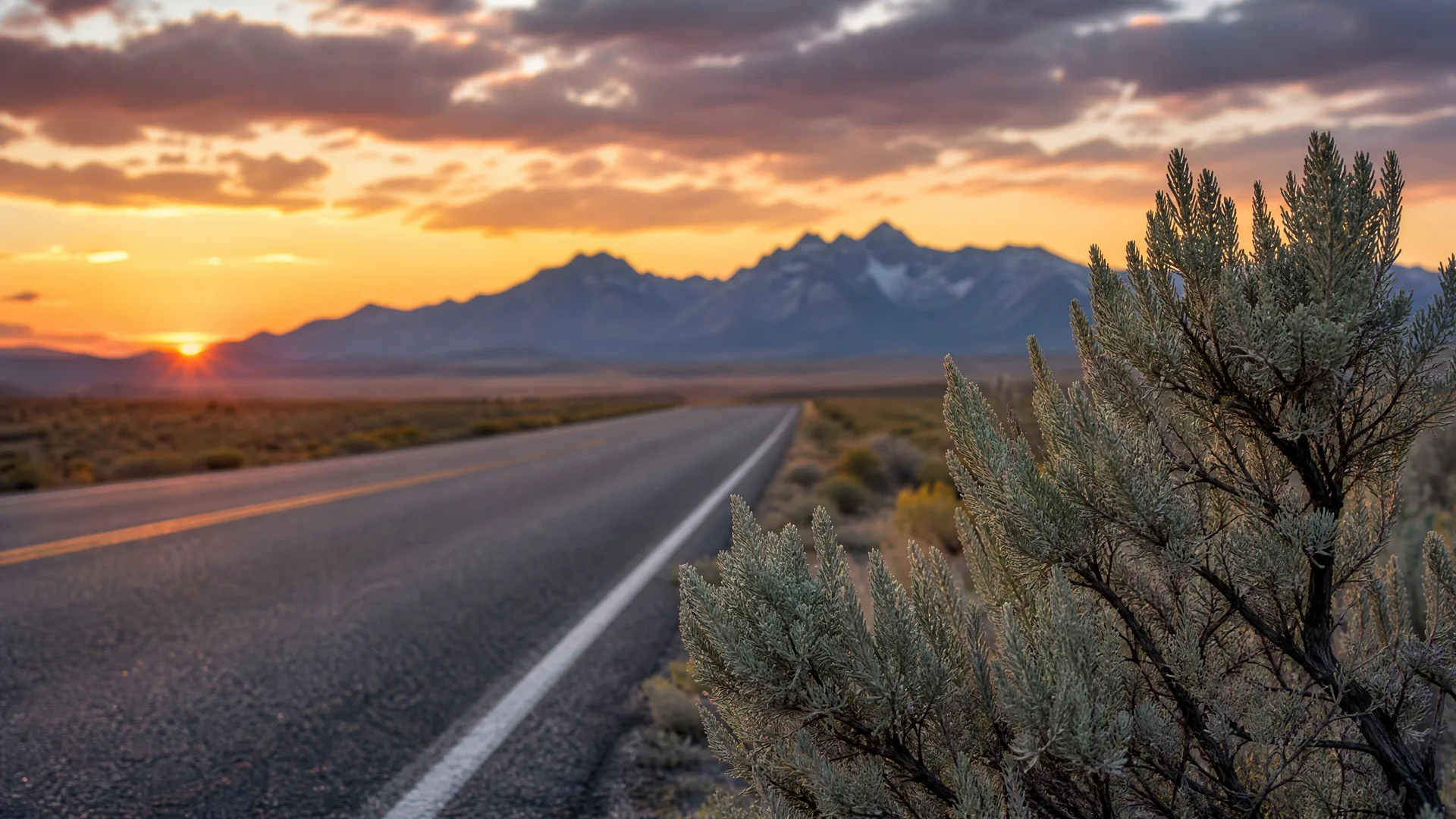 A two-lane asphalt road with a white edge line runs toward distant mountains at sunset, with sagebrush in the foreground at right and orange clouds overhead.